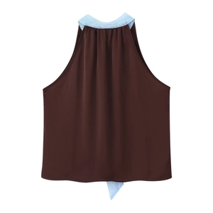 Detailed view of halter neck top featuring dark brown fabric and light blue lace trim