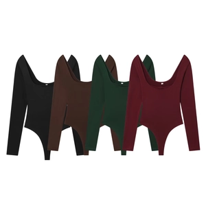 Women's Sexy Scoop Neck Long Sleeve Bodysuit Solid Color Slim Fit Stretchy Basic Jumpsuit Top For Casual Daily Wear