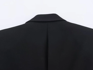 Détail du col arrière et des coutures d'épaule d'un blazer de costume noir pour femme