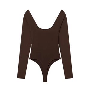 Detail of slim fit dark brown bodysuit with deep round neck and long sleeves