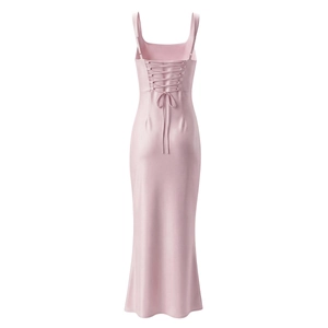 Detail view of pink satin dress featuring elegant backless crisscross straps and mermaid hem