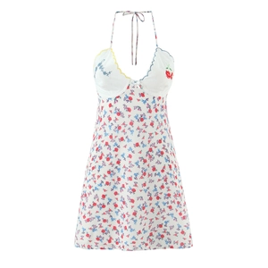 Women Vintage Halter Backless Floral Mini Dress With Cherry Embroidery Sweet Summer Cotton Blend Sundress For Casual Holiday
