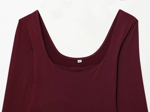 Detailed close-up of dark red square neck bodysuit showing fabric texture and M size label