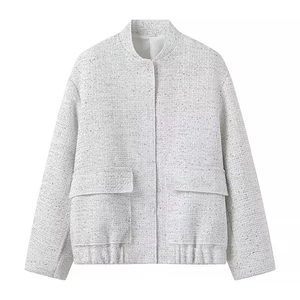 Light gray tweed jacket for women featuring flap pockets and elastic hem design