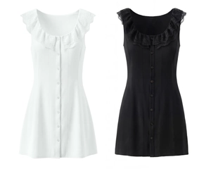 Detail of ruffled lace round neck and button closure on sleeveless summer dress