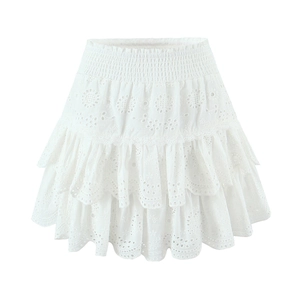 Detail of white tiered mini skirt featuring hollow embroidery and elastic high waist band
