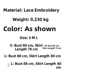 Size chart detail for lace embroidery strap dress showing bust and length in cm
