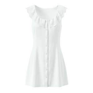 Detail of white sleeveless dress showing lace ruffle neckline and button-up front