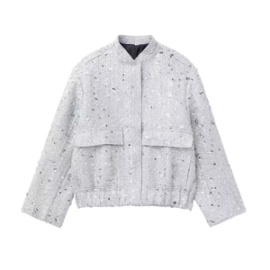 Light grey sequin tweed jacket with stand collar and large front flap pockets for women