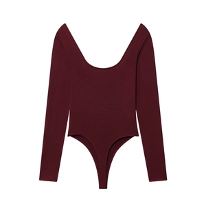Detailed view of the deep burgundy scoop neck bodysuit with soft ribbed fabric