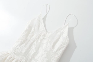 Détail de robe blanche à col en V avec jacquard floral 3D et fines bretelles d'été