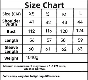 Size chart table for women knitting ski cotton jacket with chest and sleeve measurements