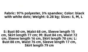 Size chart for black polka dot slim dress showing measurements for S, M, and L sizes