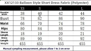 Detailed size chart for balloon fit short sleeve dress with measurements in centimeters