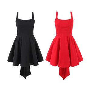 Robe Rétro Femme Col Carré Sans Manches Dos Nu Grand Nœud Papillon Mini Robe Élégante Coupe trapèze Courte de Fête