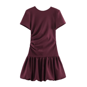 Women Fashion Wine Red Round Neck Short Sleeve Ruched Mini Dress With Bubble Hem Casual Slim Fit Polyester Elegant Dress