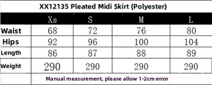 Size guide for pleated midi skirt showing measurements for waist hips and length in cm
