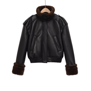 Women's black faux leather bomber jacket with brown faux fur collar and shoulder epaulettes