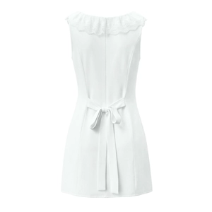 Back view of sleeveless white dress with lace neckline and adjustable waist ribbon bow