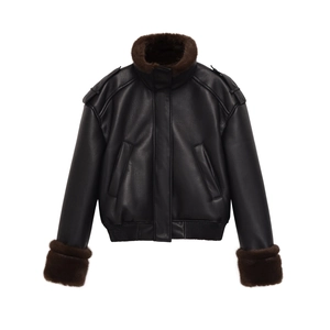 Black leather bomber jacket with faux fur collar and ribbed cuffs for women