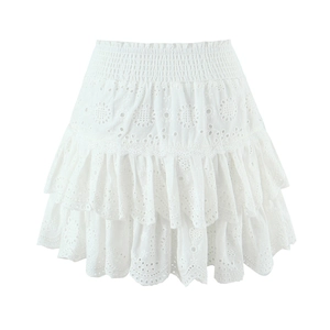 Detail of white tiered ruffle skirt featuring intricate floral eyelet embroidery work