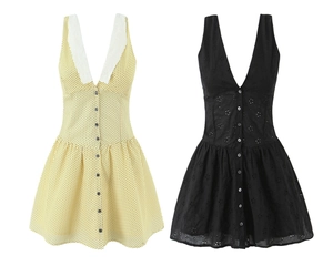 Detailed look at V-neck sleeveless dresses with polka dots, lace trim, and eyelet embroidery