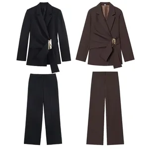Costume Blazer Et Pantalon Professionnel Femme Élégant Boucle Métallique Design Portefeuille Bureau Manches Longues Mode