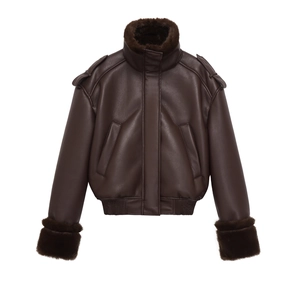 Women's dark brown faux leather bomber jacket with faux fur stand collar and epaulettes