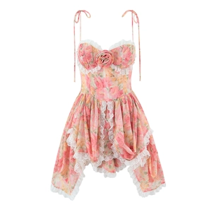 Robe Courte Corset à Imprimé Floral pour Femmes Avec Bordure en Dentelle et Rose 3D Ourlet Irrégulier Robe d'Été Sans Manches