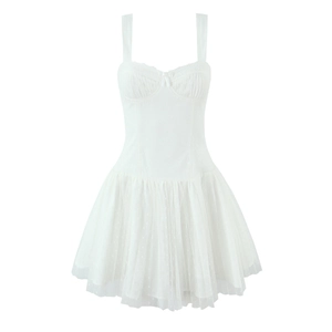 Women White Mesh Mini Dress French Vintage Slip Dress Pleated Swiss Dot Lace Bow Adjustable Strap Sleeveless Party Dress