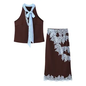 Women Halter Lace Patchwork Vest Top And High Waist Satin Midi Skirt Brown Light Blue Contrast Color Sleeveless Outfits