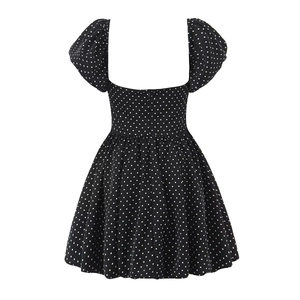 Detailed view of summer polka dot dress featuring square neck and puff sleeves