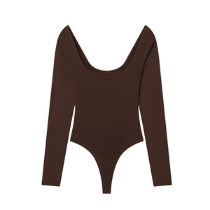 Detail view of the deep brown bodysuit featuring long sleeves and deep U-neck cut