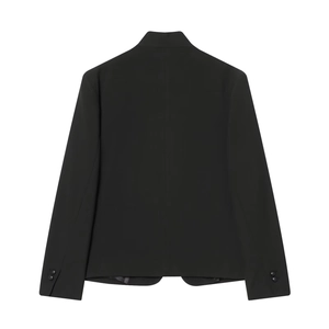 Rear view of slim-fit black blazer with button cuff detail and center back seam design