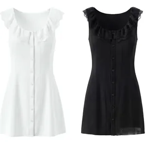 Women Casual Ruffle Lace Trim Sleeveless Mini Dress Button Front Solid Color Back Tie Summer Streetwear Fashion Short Dress