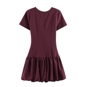 Detailed back view of a burgundy short sleeve dress with balloon hem and hidden zipper