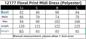 Tableau des tailles pour robe midi à fleurs incluant buste taille et hanches en cm
