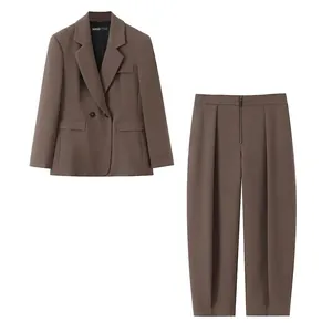 Women's European Fashion Brown Suit Set With Shoulder Pads Blazer And High Waist Pants Two-Piece Casual Streetwear Set