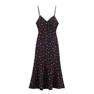 Robe Midi Sexy à Imprimé Floral pour Femmes Col en V Fines Bretelles Élégante Noir Rose Motif Rose Été Plage Coupe Trapèze Robe Nuiserie