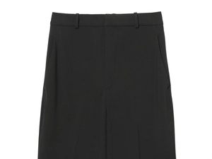 Detail of black high-waisted dress trousers featuring belt loops and side pockets