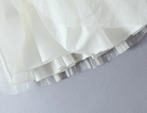 Detailed view of layered white mesh fabric with elegant polka dot embroidery and soft lining
