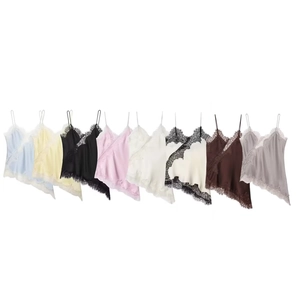 Camisole en Satin avec Dentelle pour Femmes Col en V Ourlet Asymétrique Débardeur Sexy sans Manches Décontracté Été Fête Top