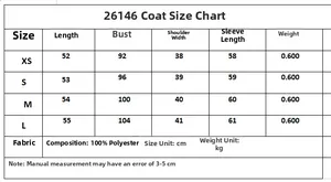 Size chart for women's metallic texture blazer showing XS-L measurements and 100% polyester