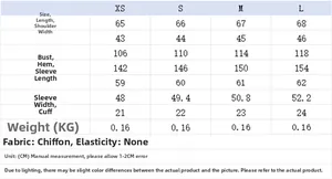 Detailed size chart for long casual chiffon shirt including dimensions and material info