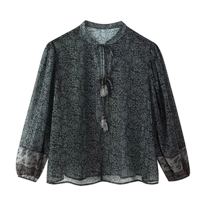 Chemisier Femme Vintage Imprimé Paisley Col Montant à Nouer Fil Métallique Manches Longues Bohème Gland Haut Casual