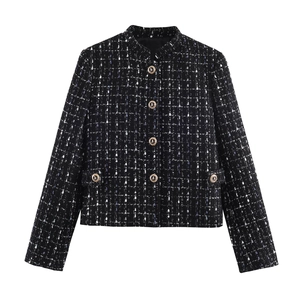 Vintage Women Black Tweed Jacket Elegant Metallic Lion Buttons Textured Long Sleeve Round Neck Blazer Outerwear Office Lady