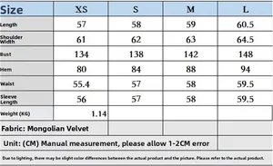 Tableau des tailles pour veste ample en suédine avec mesures détaillées du XS au L