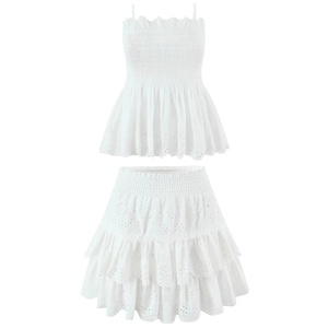 Women White Eyelet Embroidery Camisole Top And Tiered Mini Skirt For Summer Vacation European Fashion Casual Outfits