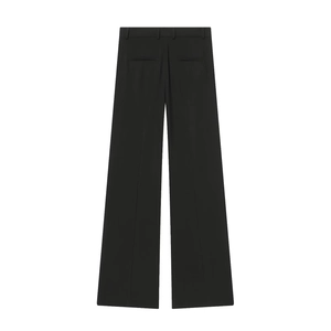 Rear view of black high-waist wide-leg trousers with back welt pockets and straight cut