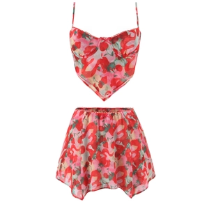 Women Strawberry Print Spaghetti Strap Top And Bottom Set Summer Casual Corset Style Crop Top With Ruffle Hem Shorts